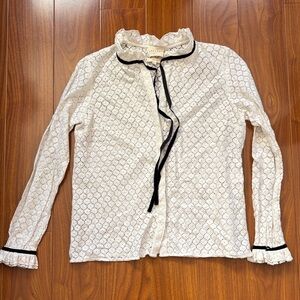 Sezane Off White Lace Long Sleeve Blouse with Black Velvet Detail